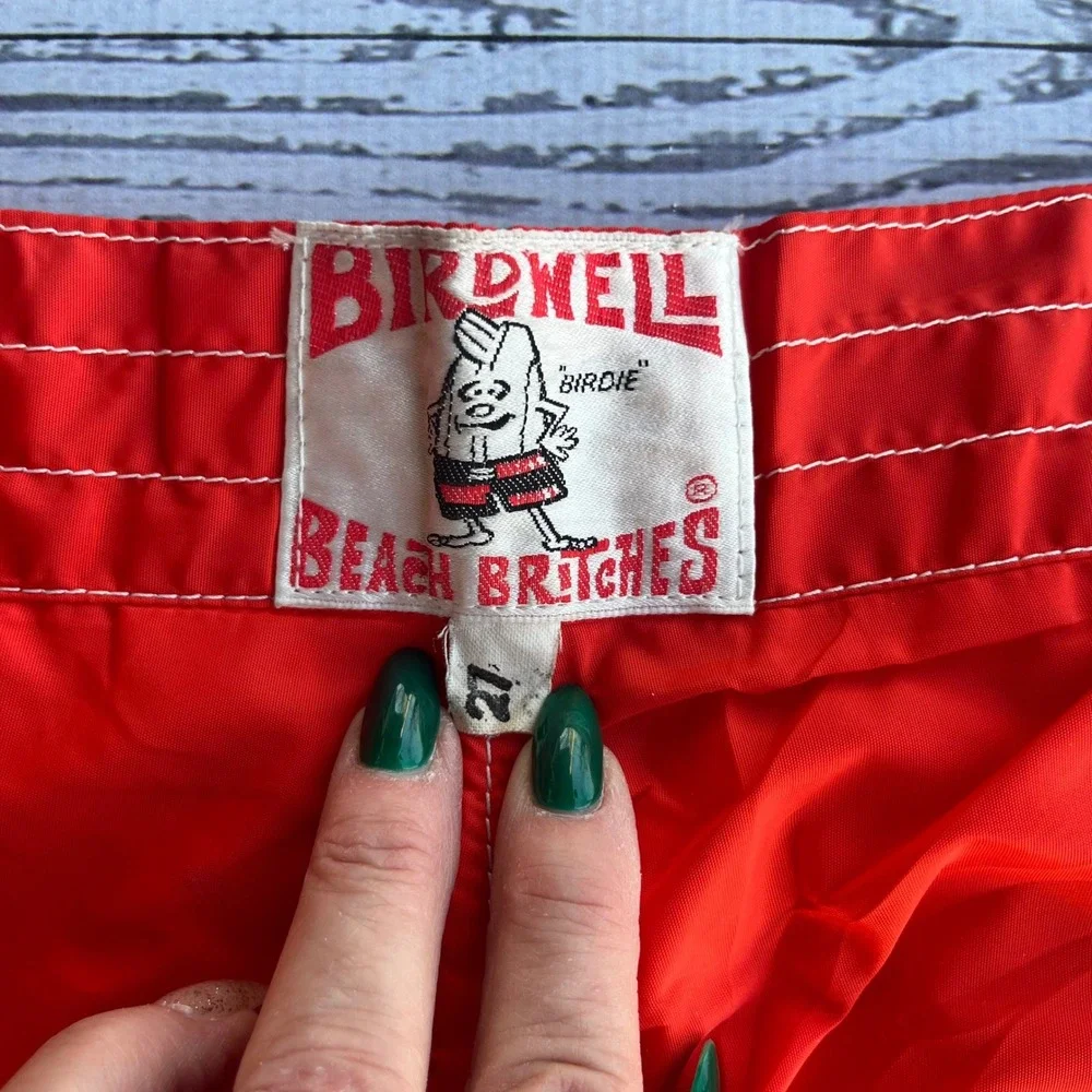 Birdwell Beach Britches Orange/Red Checkerboard Board Shorts Mens 27 Vintage USA